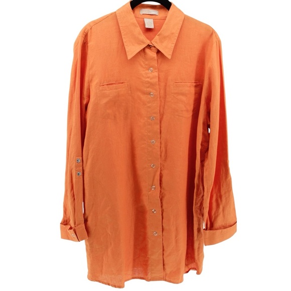 Wear It Orange Button-Up 100% Linen Artsy Lagenlook Summer Size M/L - Picture 2 of 9